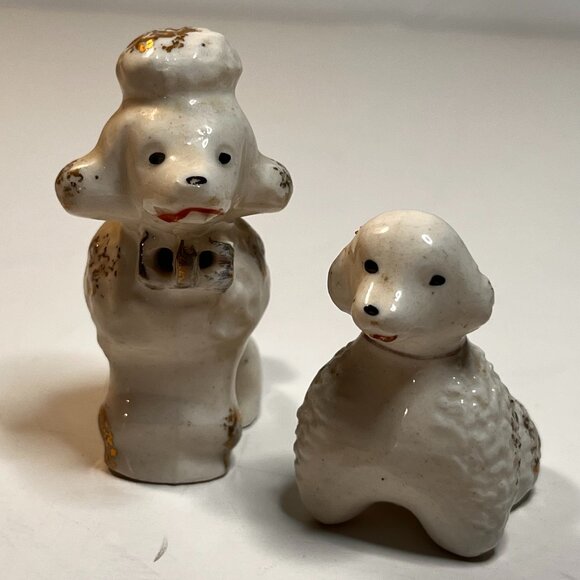 Vintage Poodles Porcelain White Gold No Chain Figurines Set of 2 - 1 1/2" 2 1/4" - Picture 1 of 5